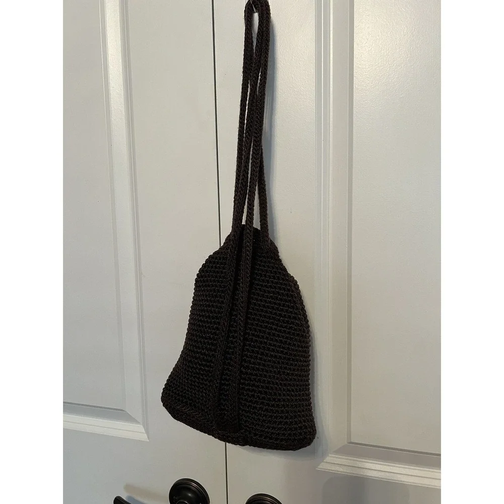 The Sak  Small Crocheted‎ Bucket Purse Drawstring Backpack Boho Bag Dark Brown